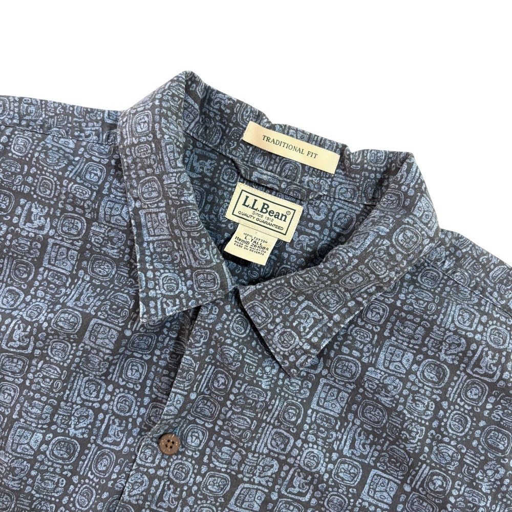 LL Bean Mens Large Tall Traditional Fit Blue Aztec Mayan Glyph Cotton Shirt